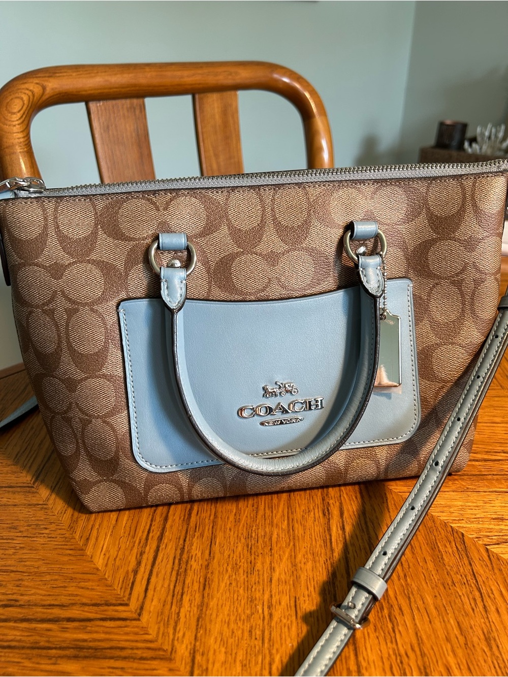 Coach Chelsea Signature Coated Canvas Satchel in Brown & Light Blue